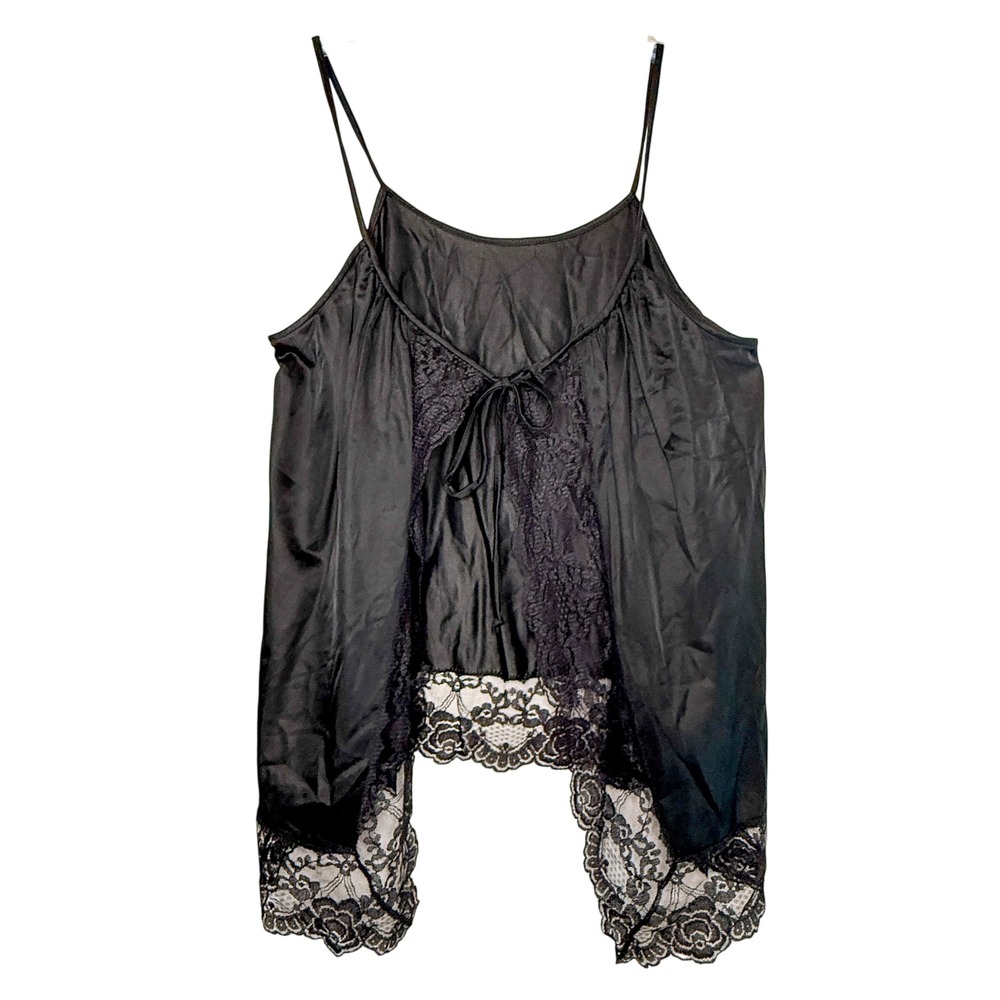 Vintage Serena Black Lace Camisole Top M Nylon Romantic Goth Lingerie 90s